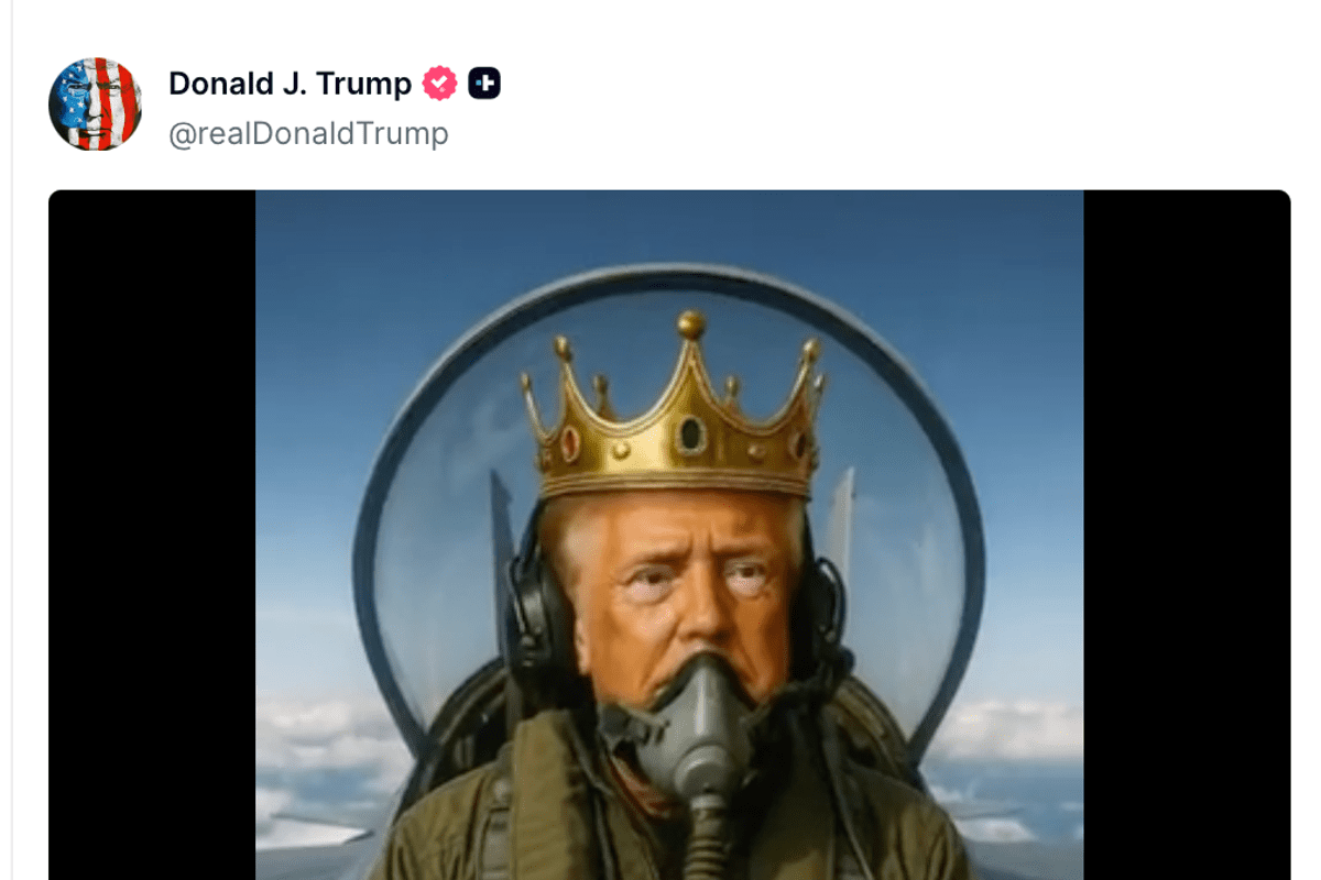 Trump posts AI video of himself flying KING TRUMP jet and bombing protesters with brown liquid Trump posts AI video of himself flying KING TRUMP jet and bombing protesters with brown liquid